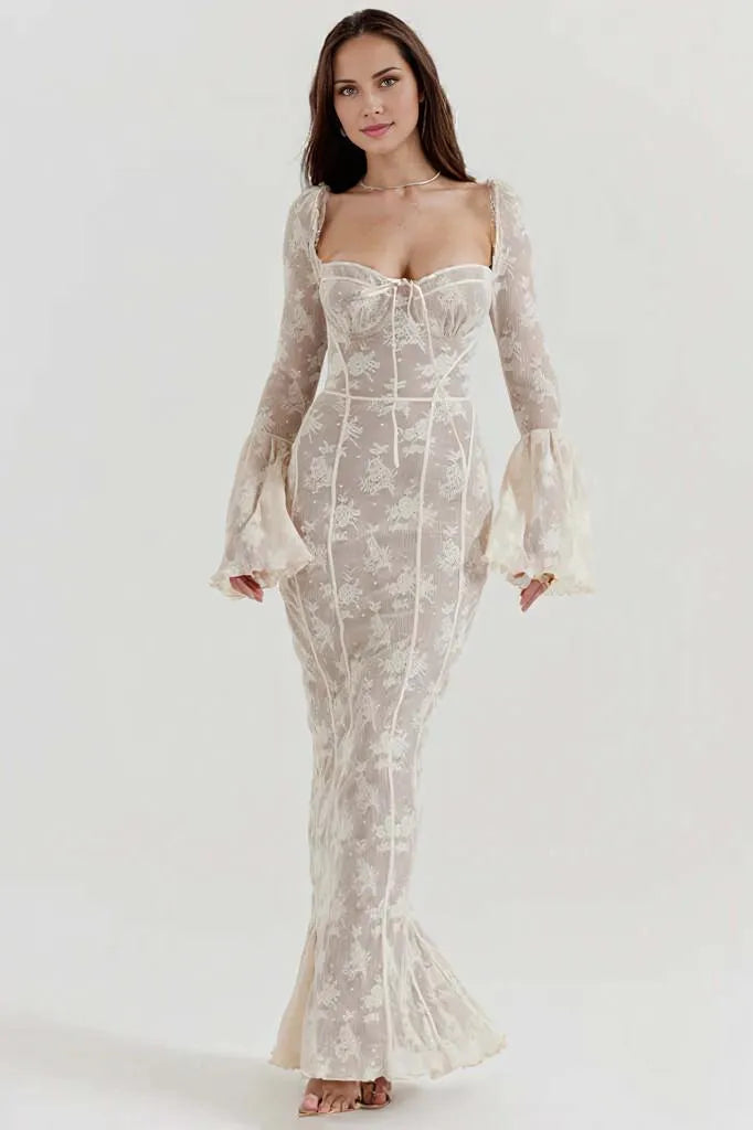 Long Sleeve Sweetheart Contrast Lace Maxi Dress