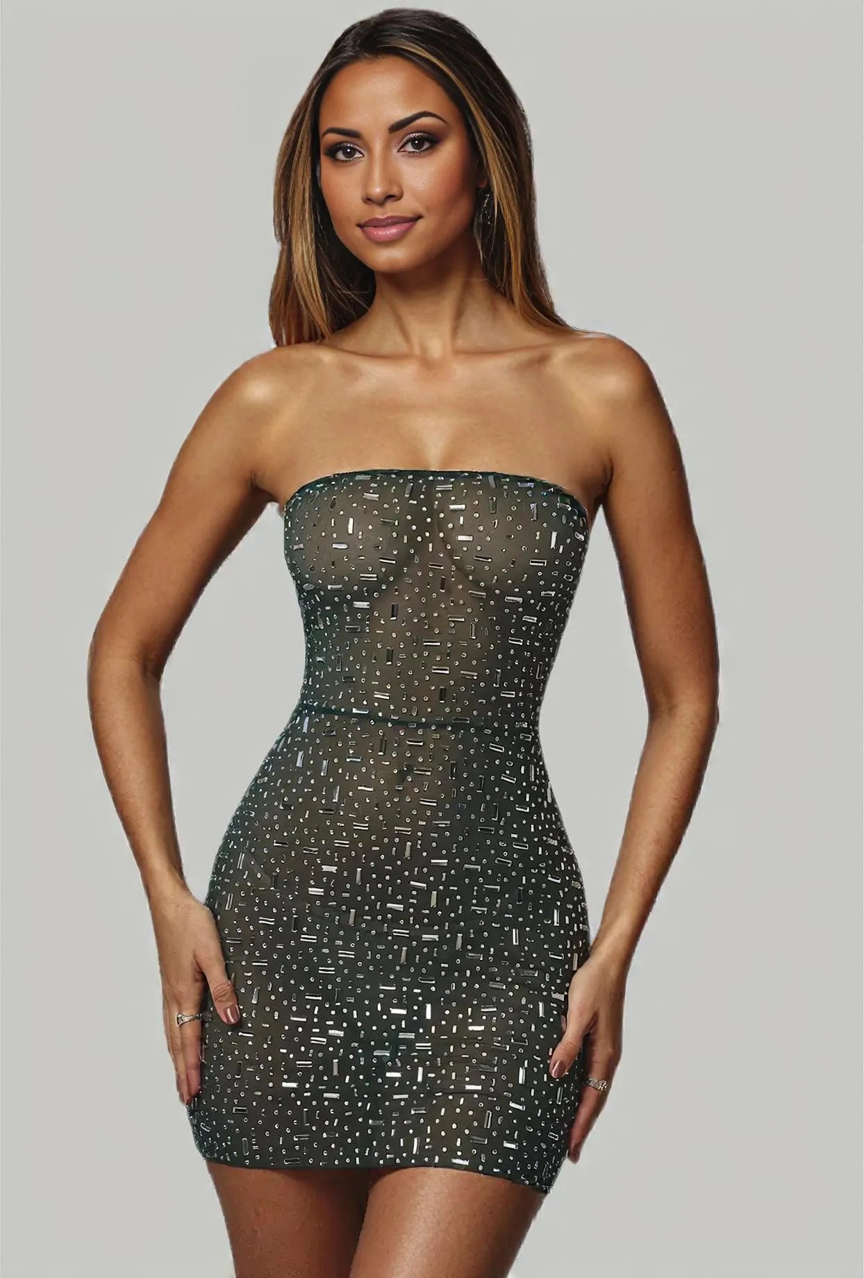 Strapless Mini Sheer Rhinestone Dress