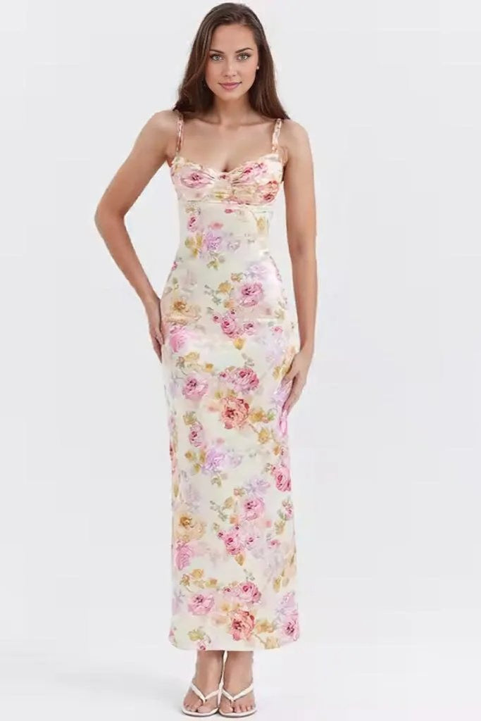 Spaghetti Strap Floral Bodycon Maxi Dress