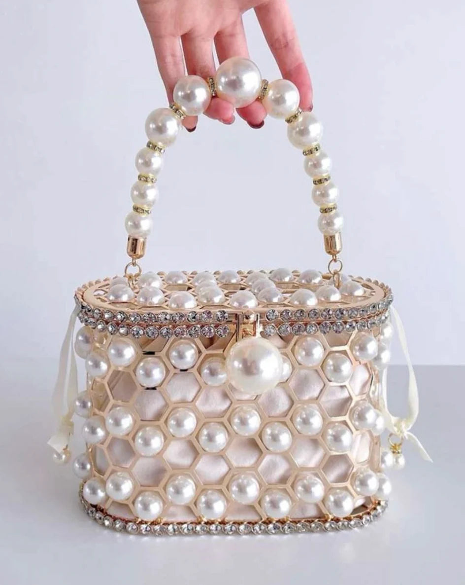 Top Handle Rhinestone Pearl Handbag