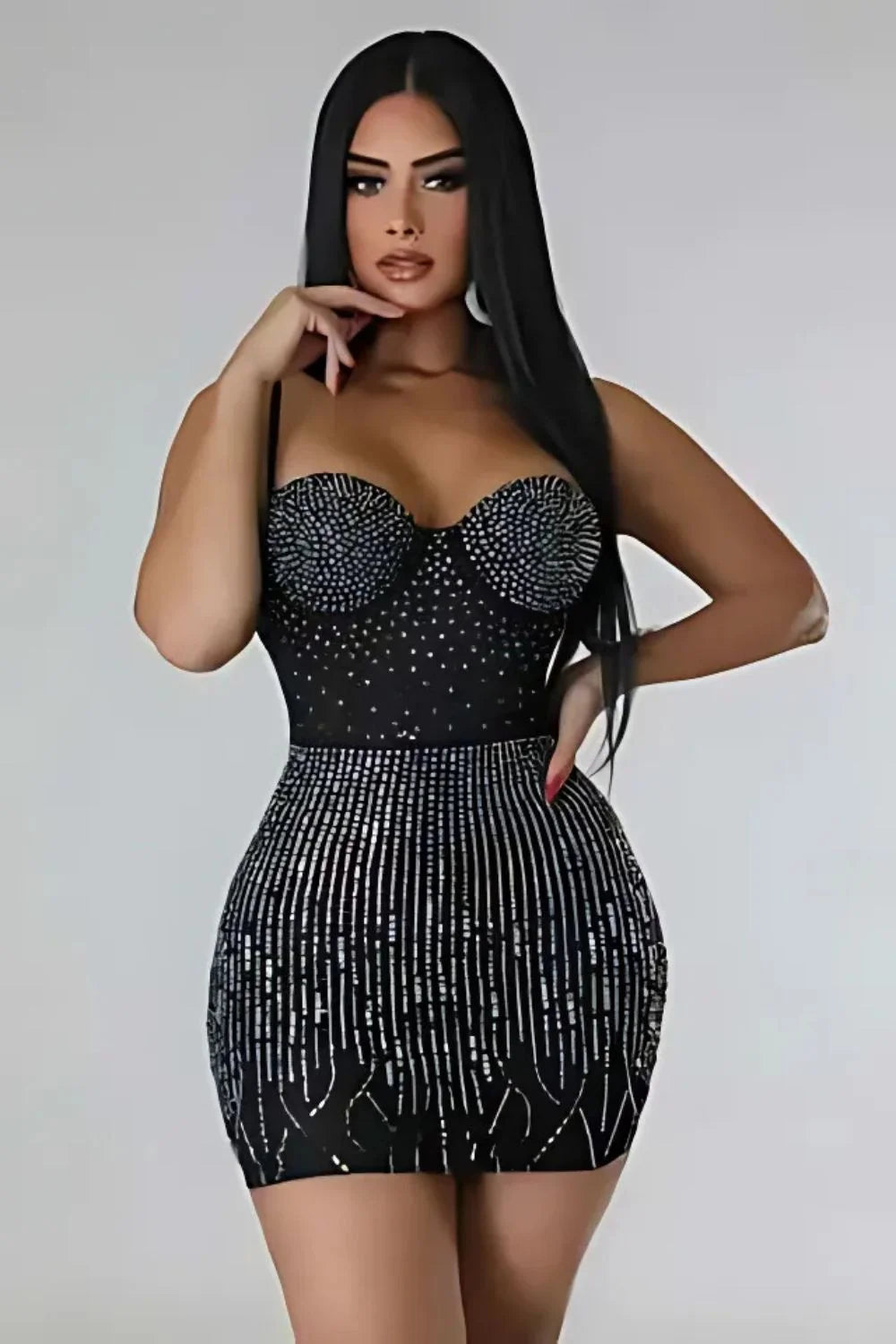 Spaghetti Strap Rhinestone Bodycon Mini Dress, Night Out Club Dress