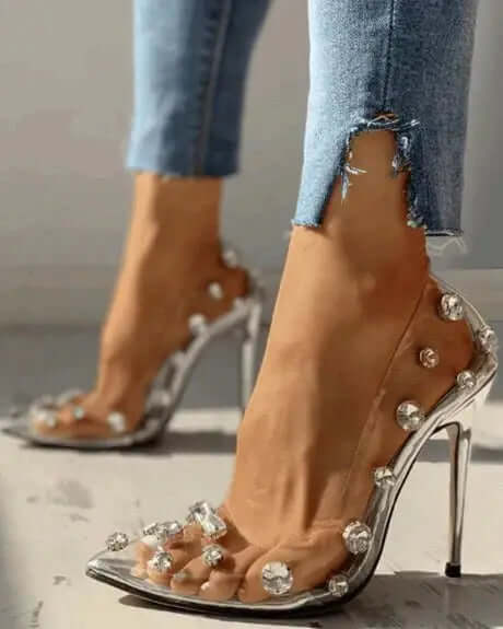 Pointy Toe Rhinestone Stiletto Heels, Embellished Pumps