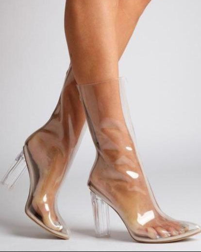 Clear Pointy Toe Block Heel Boots 4"in