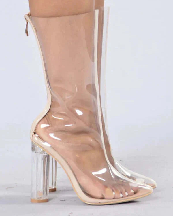 Clear Pointy Toe Block Heel Boots 4"in