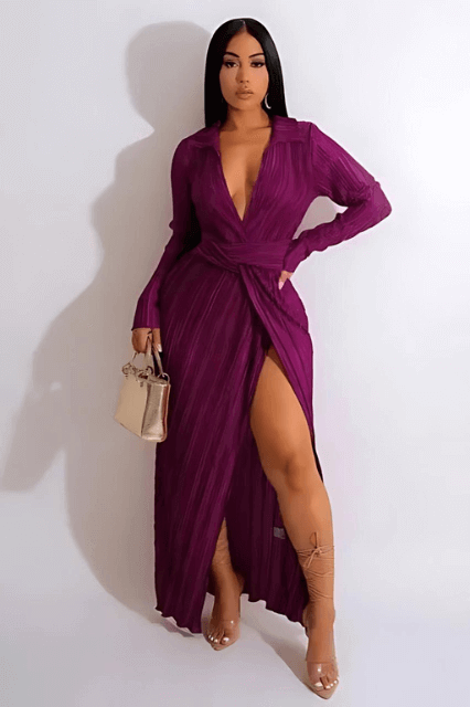 Long Sleeve Deep V Plisse Wrap Maxi Dress