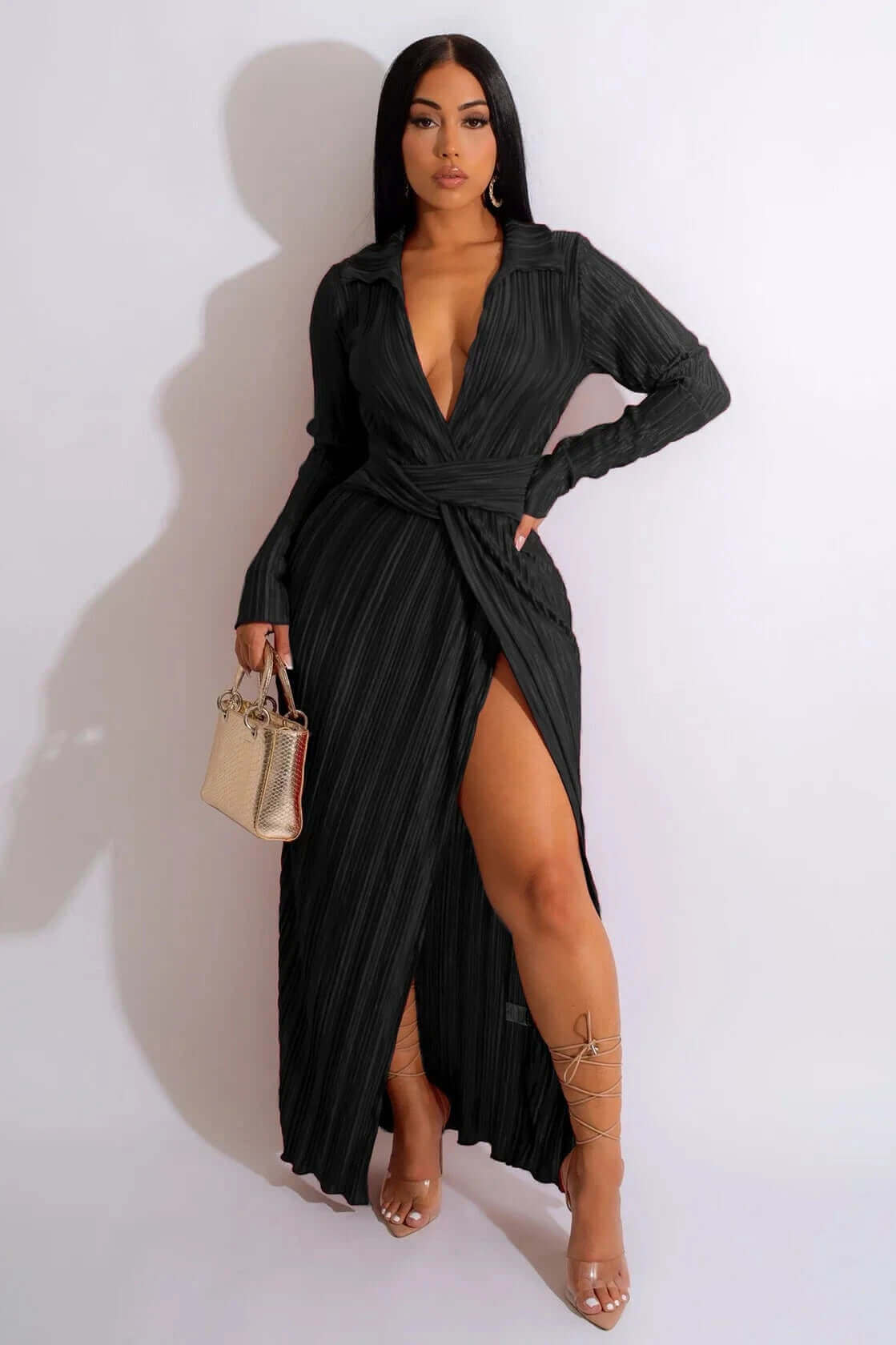 Long Sleeve Deep V Plisse Wrap Maxi Dress