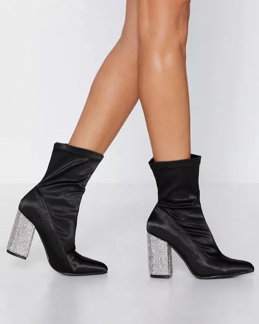 Pointy Toe Glitter Chunky Heel Sock Ankle Boots