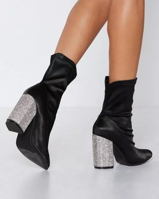 Pointy Toe Glitter Chunky Heel Sock Ankle Boots