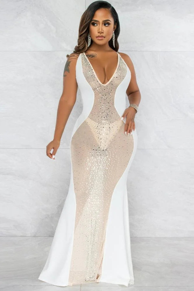 Semi Sheer Halter Rhinestone Maxi Dress