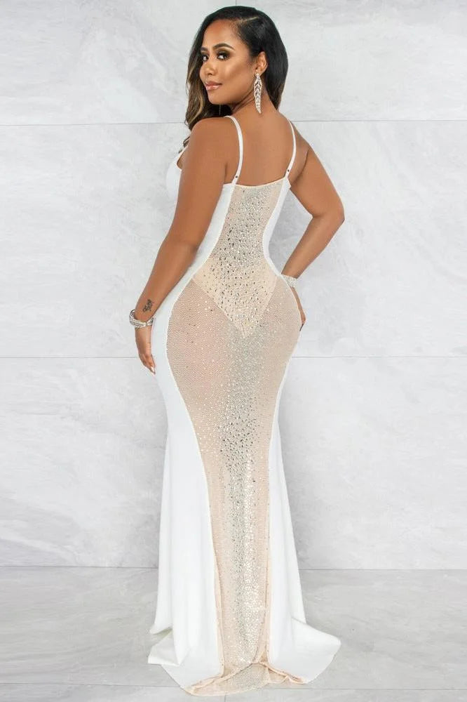 Semi Sheer Halter Rhinestone Maxi Dress