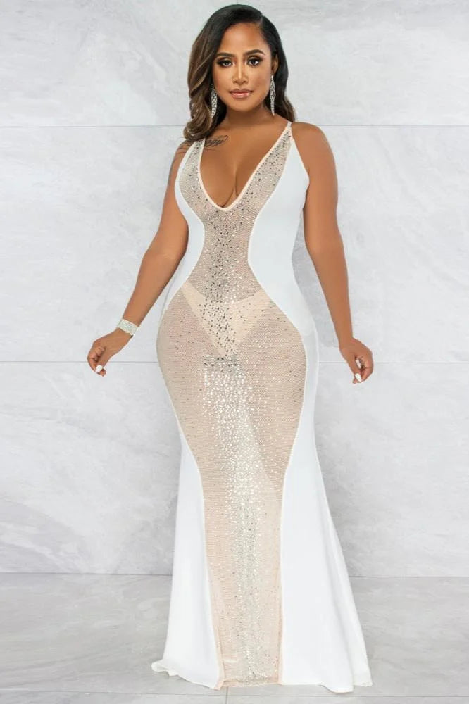 Semi Sheer Halter Rhinestone Maxi Dress