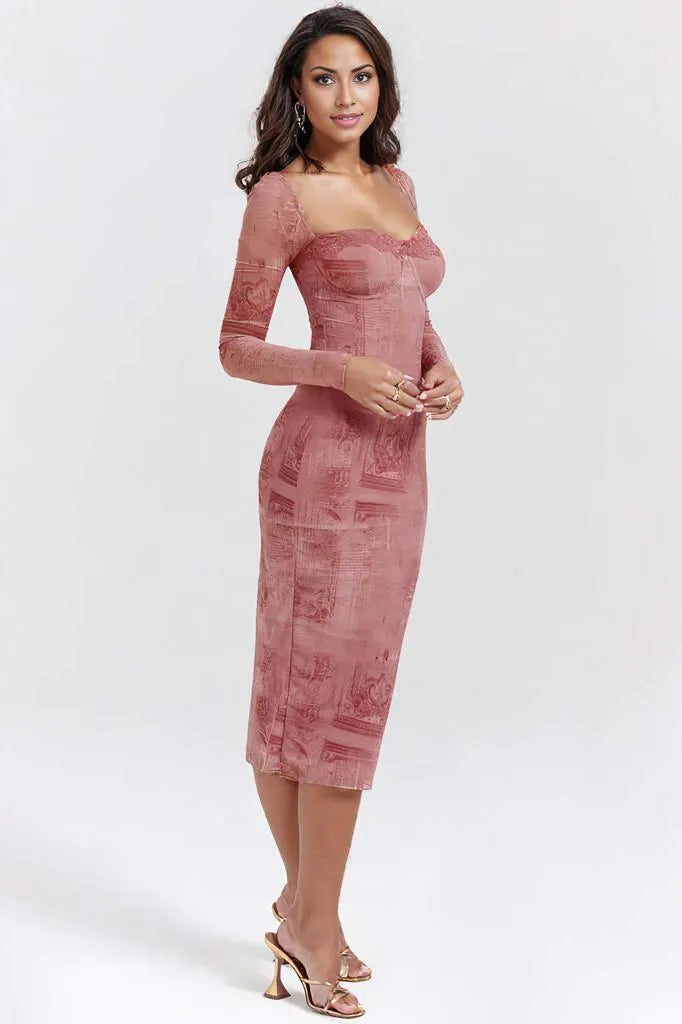 Long Sleeve Sweetheart Bodycon Midi Dress