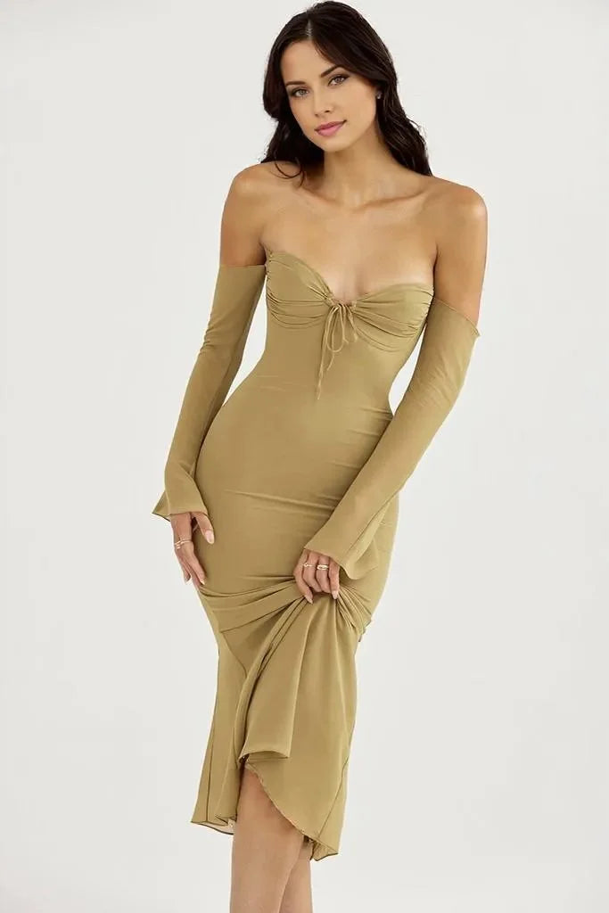 Long Sleeve Sweetheart Off-Shoulder Halter Midi Dress