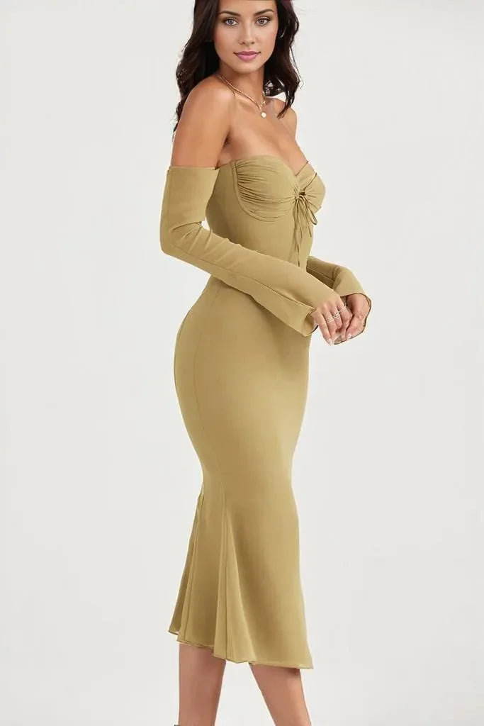 Long Sleeve Sweetheart Off-Shoulder Halter Midi Dress