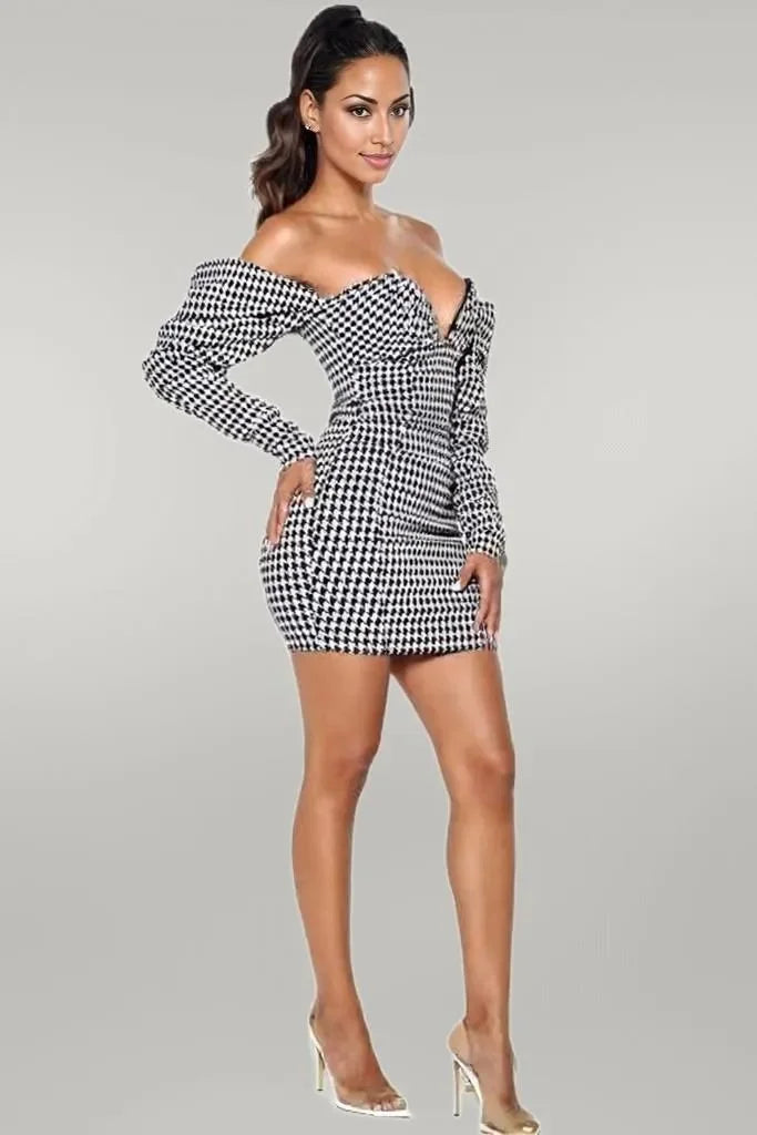  Checkered Puff Sleeve Off Shoulder Mini Dress