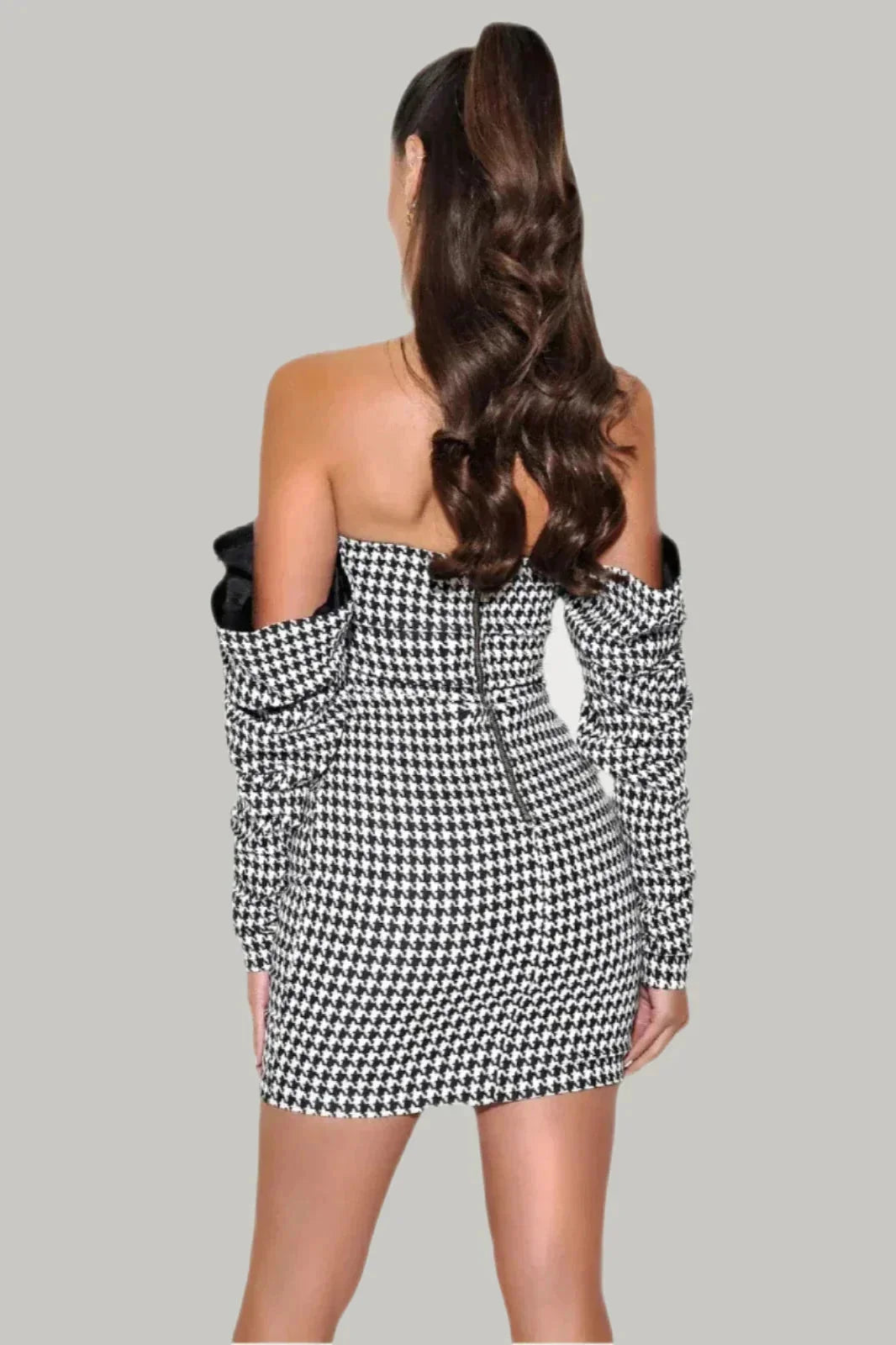  Checkered Puff Sleeve Off Shoulder Mini Dress