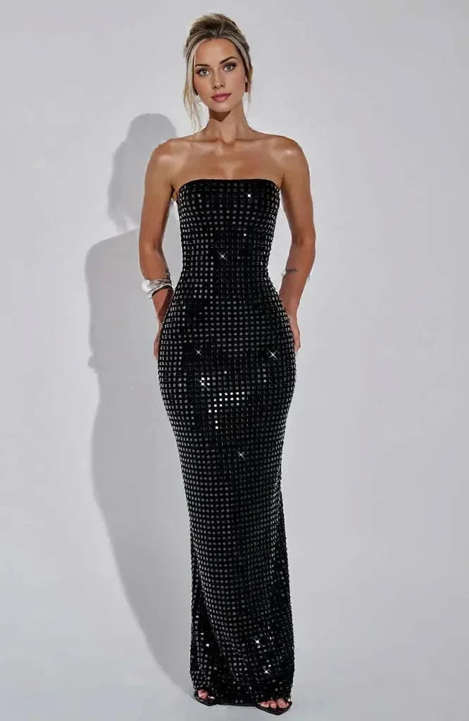 Sparkly Strapless Rhinestone Maxi Dress