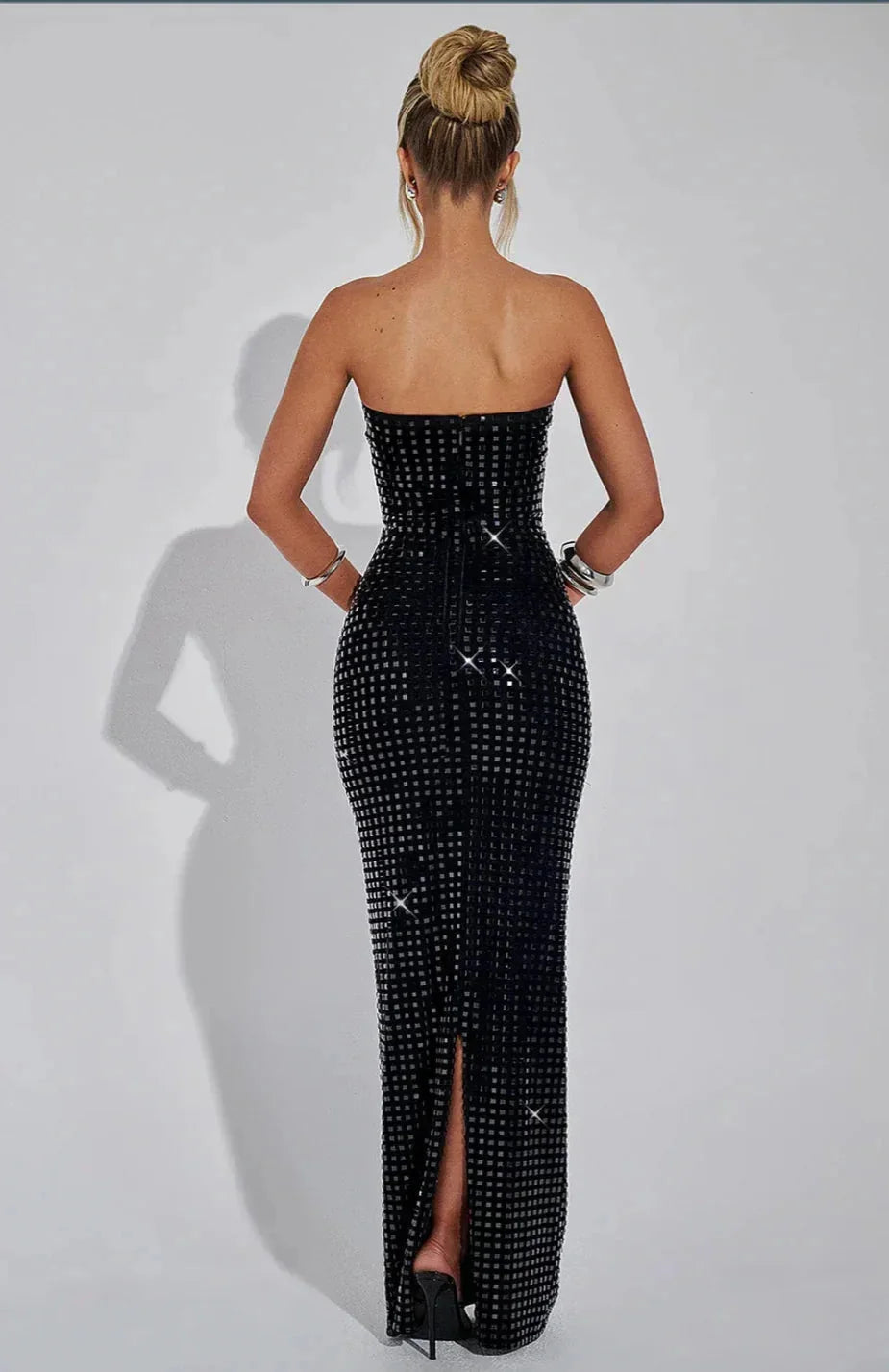 Sleek Strapless Rhinestone Maxi Dress