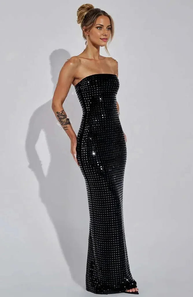 Sparkly Strapless Rhinestone Maxi Dress