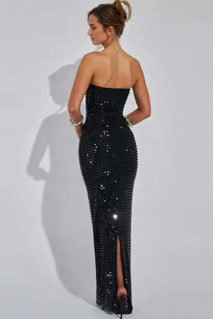 Sleek Strapless Rhinestone Maxi Dress